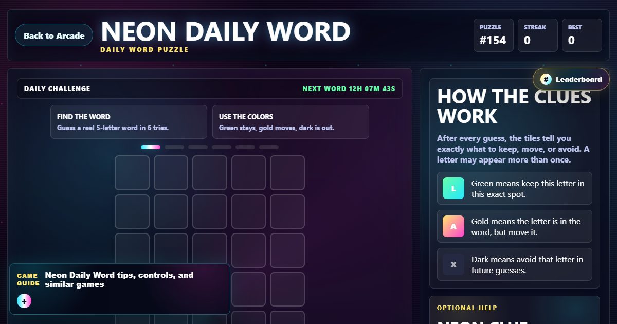 Neon Daily Word gameplay preview with glowing five-letter puzzle tiles